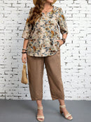 Conjunto Feminino de Camisa com Estampa Floral e Calça Cropped - Ivone. Plus Size