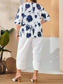 Conjunto Feminino de Camisa com Estampa Floral e Calça Cropped - Ivone. Plus Size