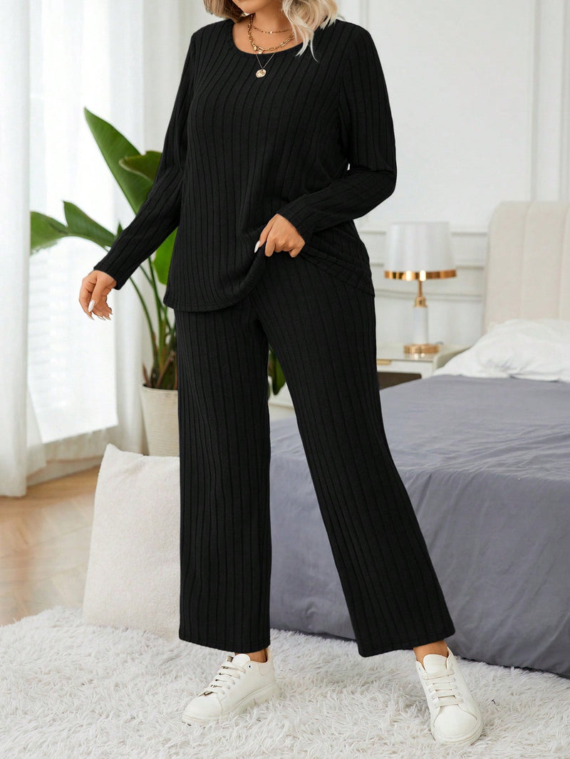 Conjunto Feminino de Manga Longa e Calça em Veludo Canelado- Lucie. Plus Size