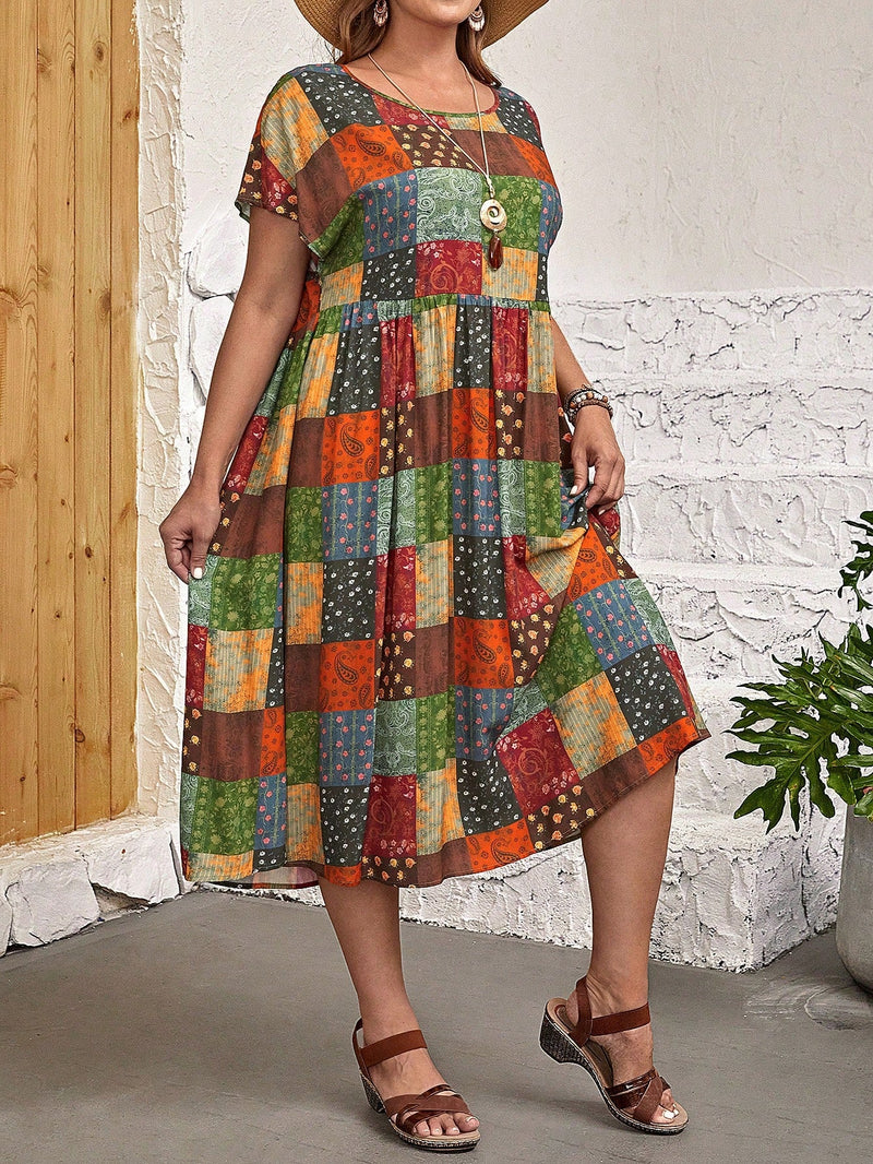 Vestido Feminino Estampa Retalhos Plus Size E094