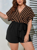 Macaquinho Feminino Listrado Lesly Plus Size Marrom / Gg E405