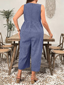 Macacão Feminino   com Decote em V, Listrado - Aurora. Plus Size