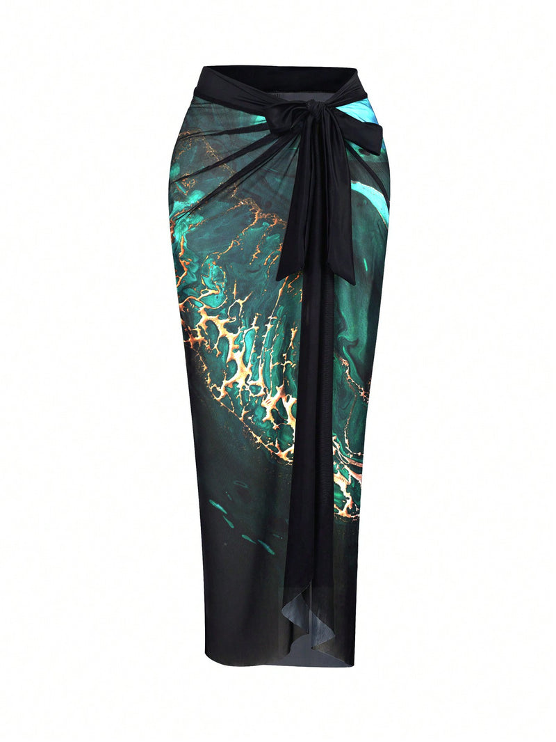 Maiô Feminino com Saida de Praia Alças Ajustáveis e Estampa de Mármore - Madeleine. Plus Size Flash