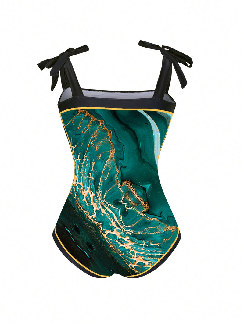 Maiô Feminino com Saida de Praia Alças Ajustáveis e Estampa de Mármore - Madeleine. Plus Size Flash