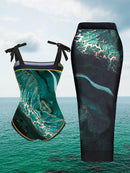 Maiô Feminino com Saida de Praia Alças Ajustáveis e Estampa de Mármore - Madeleine. Plus Size Flash