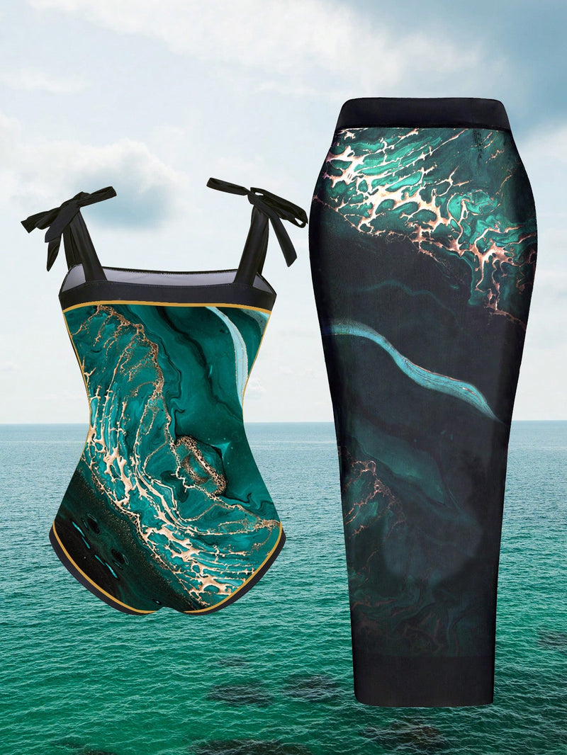Maiô Feminino com Saida de Praia Alças Ajustáveis e Estampa de Mármore - Madeleine. Plus Size Flash
