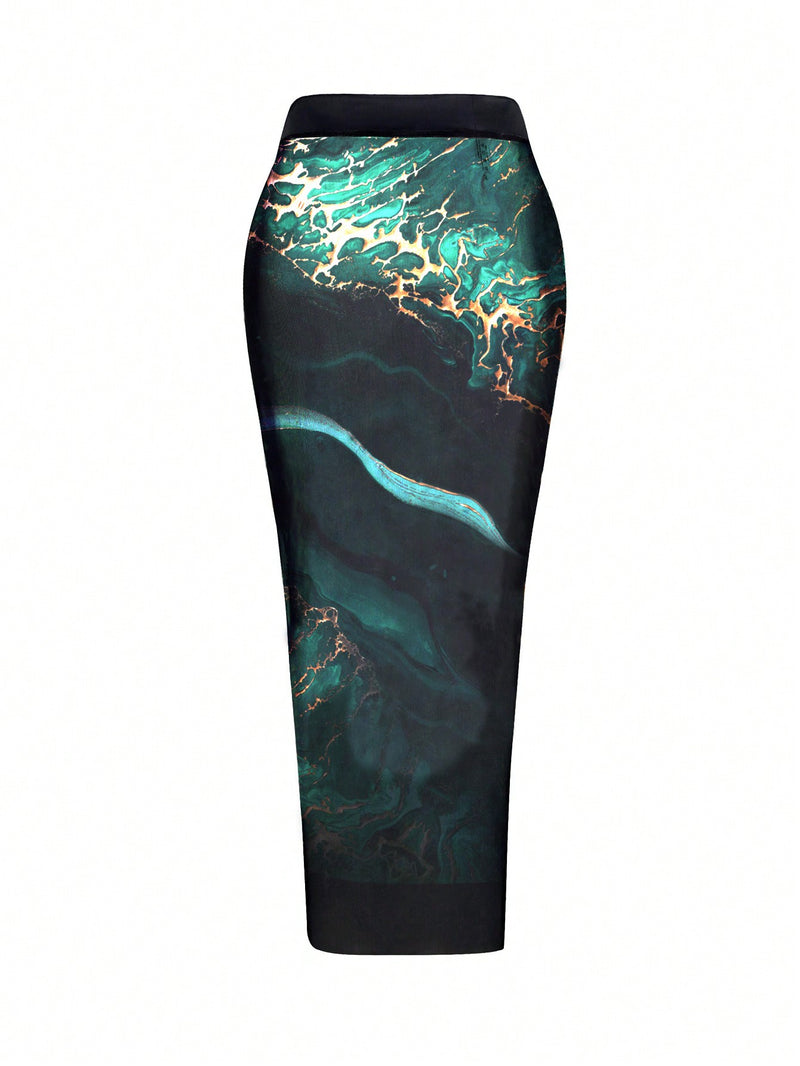 Maiô Feminino com Saida de Praia Alças Ajustáveis e Estampa de Mármore - Madeleine. Plus Size Flash