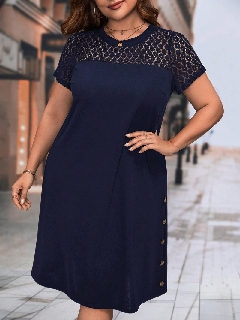 Vestido Feminino Manga Curta Mariana Plus Size Azul Marinho / Gg E377