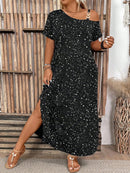 Vestido Feminino casual de Manga Curta Ombros de Fora Cleide. Plus Size