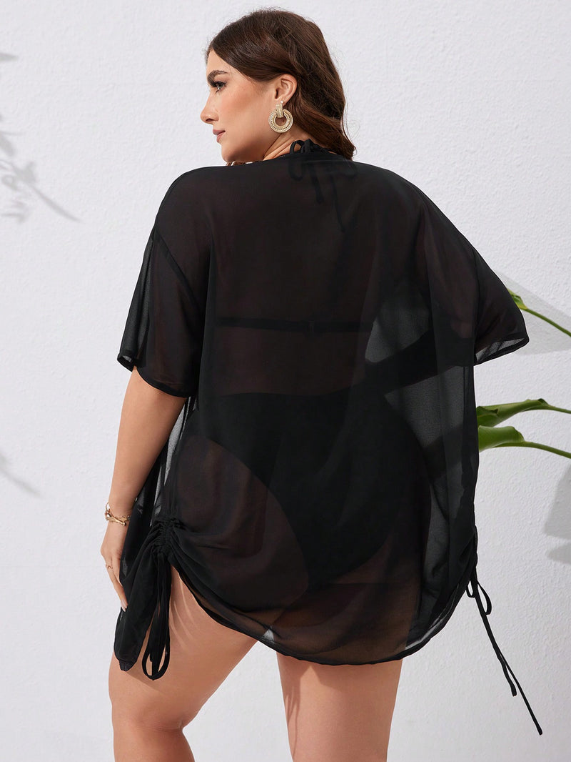 Saída de Praia Kimono feminino com Botões e Ajuste na Lateral com Cordão - Zoe. Plus Size