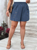 Shorts Feminino Solto com Decoração de Botão e Bolsos Elisa. Plus Size