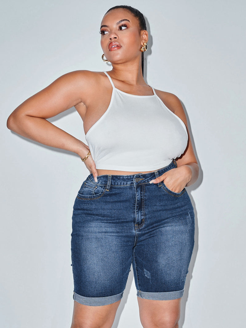 Shorts Feminino de cintura alta bainha enrolada - Federica. Plus Size