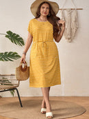 Vestido Feminino Listrado com Cintura Ajustável - Larissa. Plus Size