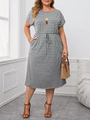 Vestido Feminino Listrado com Cintura Ajustável - Larissa. Plus Size