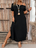 Vestido Feminino casual de Manga Curta Ombros de Fora Cleide. Plus Size