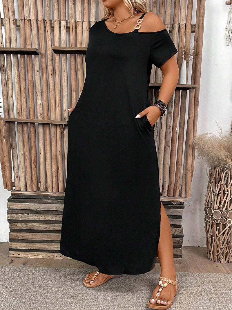 Vestido Feminino casual de Manga Curta Ombros de Fora Cleide. Plus Size