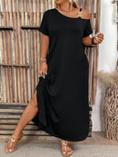 Vestido Feminino casual de Manga Curta Ombros de Fora Cleide. Plus Size