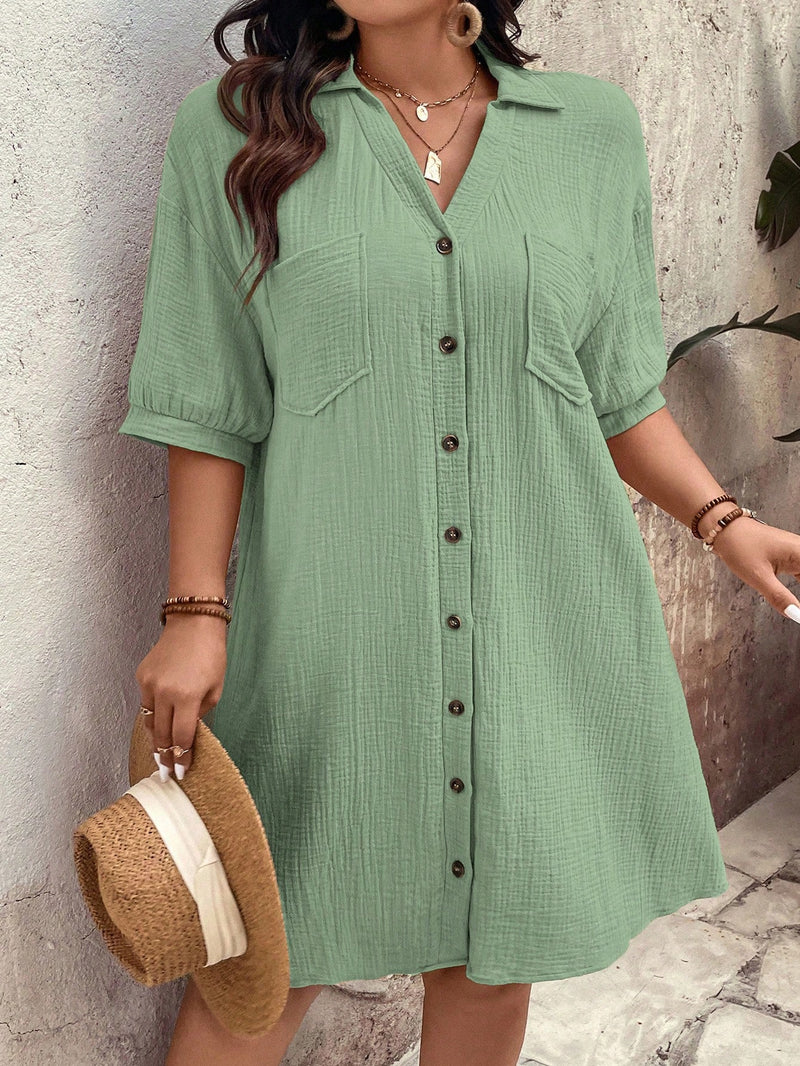 Vestido Feminino com Bolsos Frontais e Botões - Melina. Plus Size