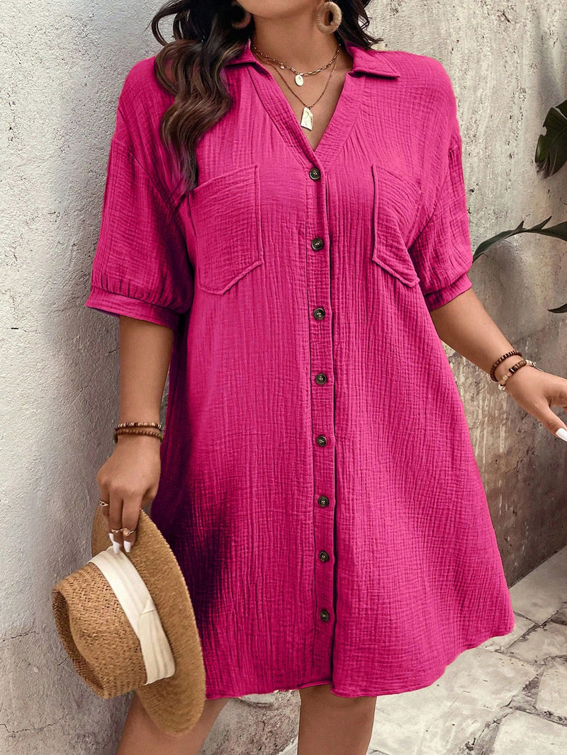 Vestido Feminino com Bolsos Frontais e Botões - Melina. Plus Size