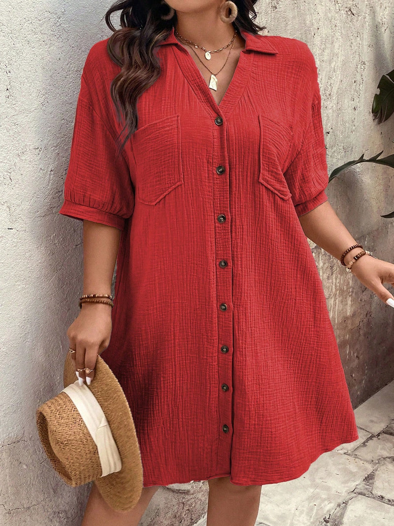 Vestido Feminino com Bolsos Frontais e Botões - Melina. Plus Size