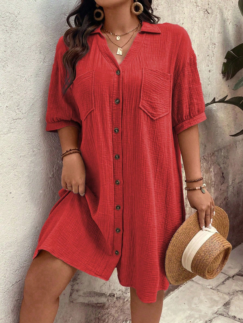 Vestido Feminino com Bolsos Frontais e Botões - Melina. Plus Size