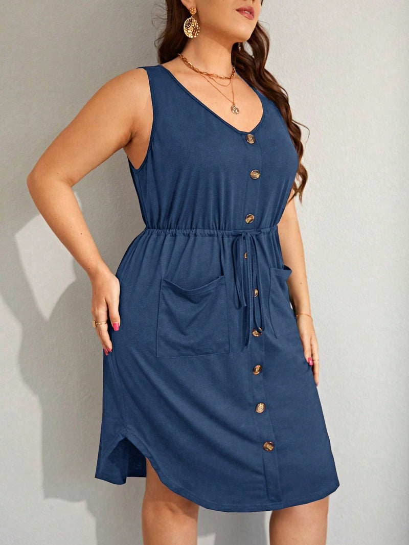 Vestido Feminino com Bolsos Frontal e Cintura Ajustável - Jady. Plus Size.