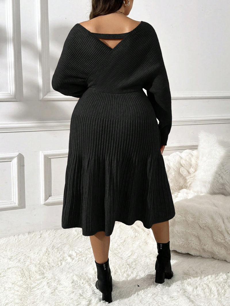 Vestido de Suéter Feminino de Manga Morcego Plus Size